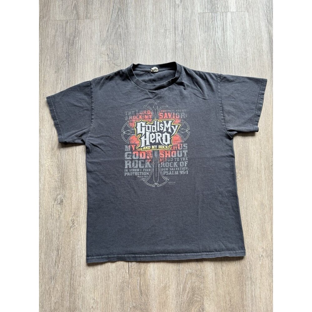 Vintage Y2K God Is My Hero Kerusso Black Faded Shirt Guitar Hero Parody Medium T